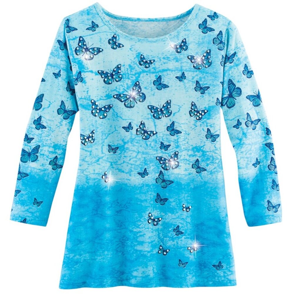 New XXL Blue Fluttering Butterflies Sparkling Sequin 3/4 Sleeves Knit Top